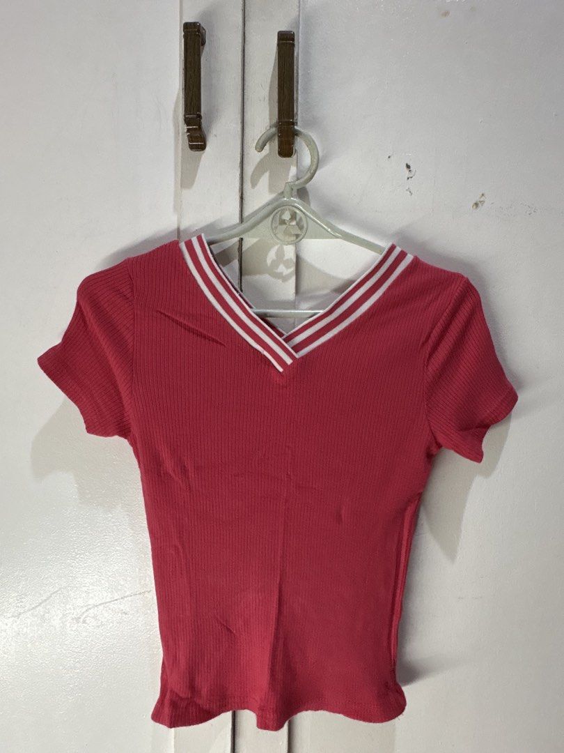 Ribbed V-Neck Cropped Top with Striped Collar (Category: Blouses) located in Malabon City. Submitted by julia4a_ (Listing ID 1459603170, Image 1). Description: - Cute ribbed cropped top - V-neck style with white and red collar stripes - Short sleeves - Stretchy material - Versatile: pairs well with high-waisted jeans or skirts - Easy to style for casual or dressed-up looks.