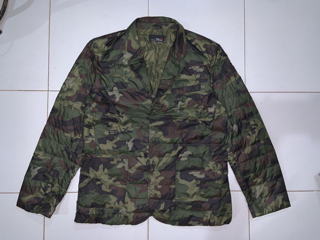 RLX Ralph Lauren Camo Puffer Blazer Jacket (Category: Activewear) located in Cebu City. Submitted by ethandave82 (Listing ID 1459627060, Image 1). Description: - RLX Ralph Lauren Puffer Blazer - Stylish camouflage print - Lightweight yet warm - Ideal for layering - Features button front closure - Two convenient front pockets - Versatile: looks great over a t-shirt or shirt -Size : Xl -width : 25 -Length: 31.5.