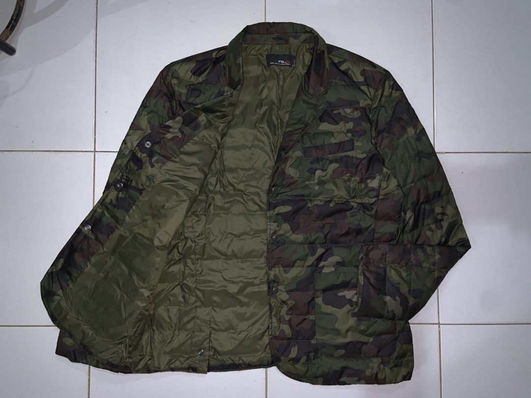 RLX Ralph Lauren Camo Puffer Blazer Jacket (Category: Activewear) located in Cebu City. Submitted by ethandave82 (Listing ID 1459627060, Image 3). Description: - RLX Ralph Lauren Puffer Blazer - Stylish camouflage print - Lightweight yet warm - Ideal for layering - Features button front closure - Two convenient front pockets - Versatile: looks great over a t-shirt or shirt -Size : Xl -width : 25 -Length: 31.5.