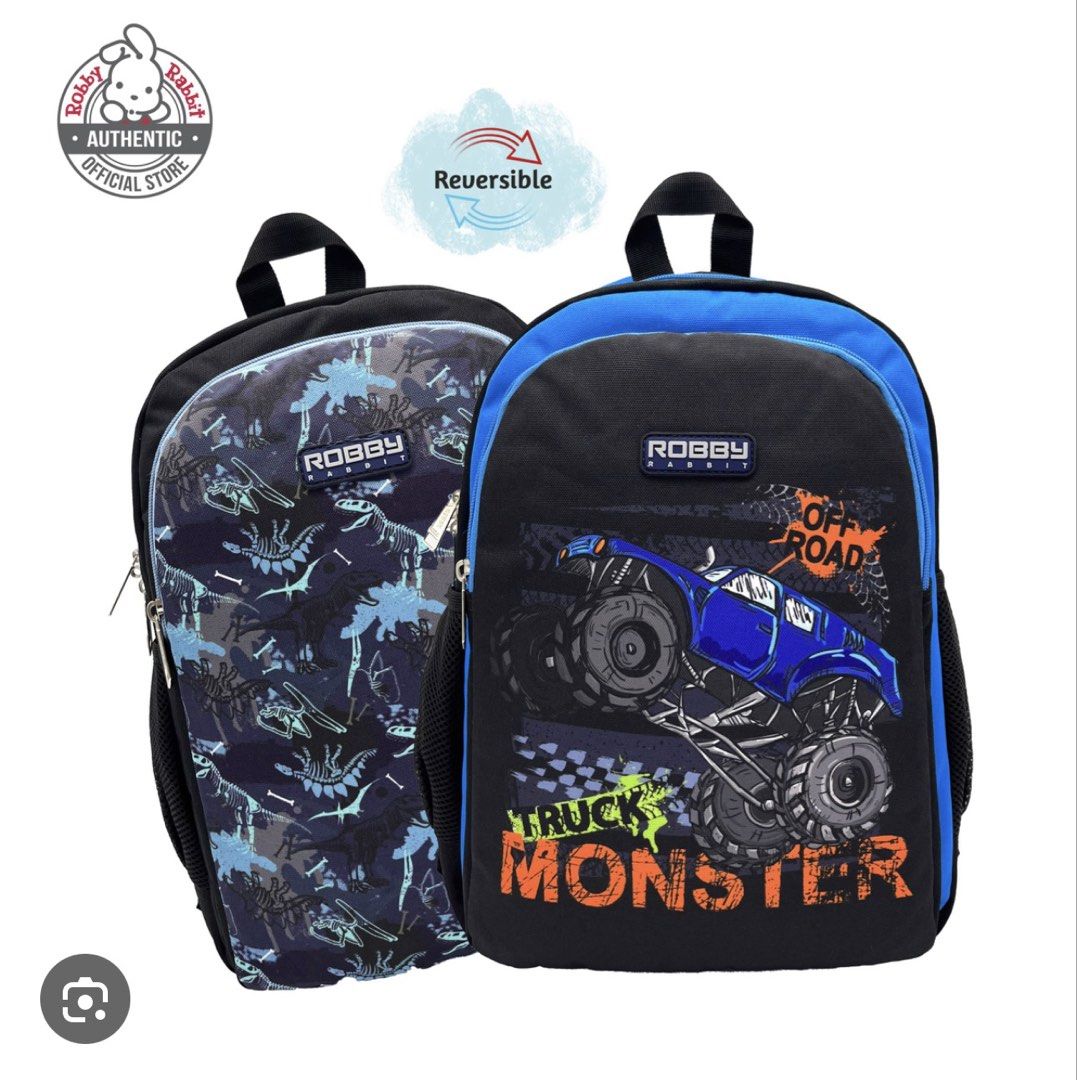 Robby Rabbit Monster Truck & Dinosaur Reversible Backpack (Category: Babies & Kids Fashion) located in Quezon City. Submitted by master_yaj (Listing ID 1459538987, Image 1). Description: - Fun Robby Rabbit backpack for kids - Features cool monster truck and dinosaur designs - Side mesh pockets for water bottles - Comfortable padded shoulder straps - Ideal for school, day trips, and adventures.