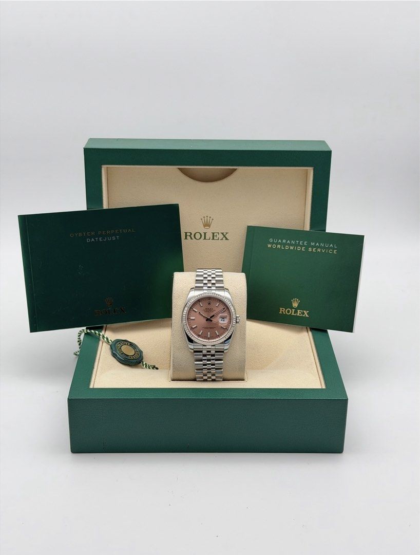Rolex Datejust 36mm Pink Dial (Category: Luxury Watches) located in Manila. Submitted by timelesseleganceph (Listing ID 1459520046, Image 2). Description: Rolex Datejust 36mm Pink Dial Reference 116234 Size 36mm Dated Approx. 2009 V Series 18K WG Fluted Bezel In Pink Stick Dial On Continuous Super Jubilee Bracelet Comes with Watch & Box.