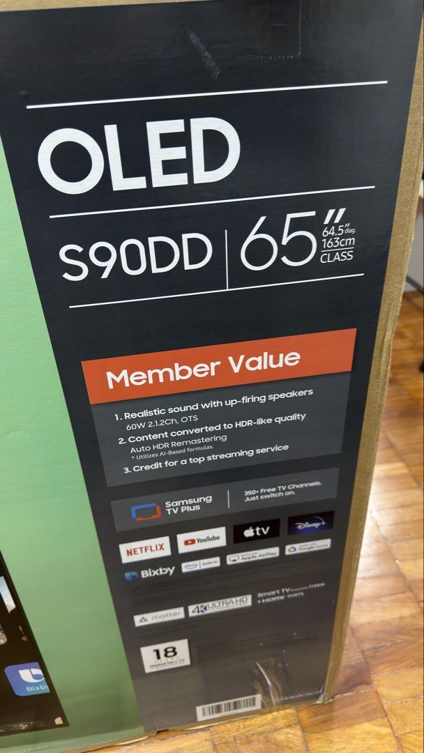 RUSH! New Samsung OLED 65 inch Smart TV (Category: TV) located in Makati City. Submitted by beyond199 (Listing ID 1459641577, Image 2). Description: Hi! I am selling my brand new Samsung S90DD 65 inch OLED Smart TV for 48,995 pesos only. NO SWAPPING. FIXED PRICE. Freebie: New 500w AVR Original price at 90,000 pesos. Selling low. Items are brand new, opened only to test and never used. Complete with original box, remote control, manuals and plasti