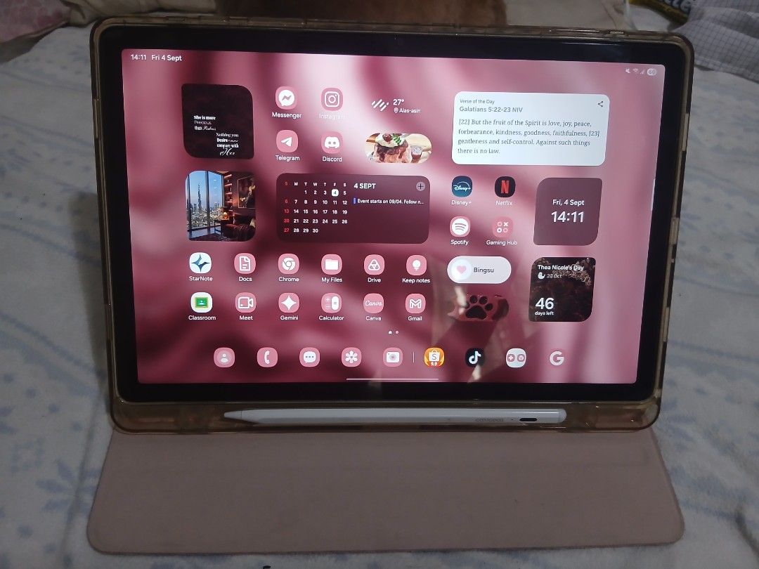 Samsung Galaxy Tab A9+ 5G with Pen and Case (Category: Android) located in Balanga. Submitted by mia_mnc (Listing ID 1459557698, Image 2). Description: Samsung Galaxy Tab A9+ 5g Lady owned No issue Features: - Dex mode - Dolby atmos - 5g connectivity - 7040 mah battery - 11.0" display - 8/128gb memory - Make your own research about the device model Inclusions: - Detachable Magnetic Case (Pink) - Goojodoq Pen - Tempered Glass (attached) Purchased 