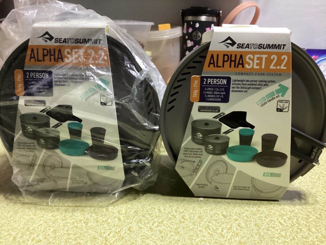 Sea to Summit Alpha Set 2.2 Compact Cook System (Category: Cookware & Accessories) located in Muntinlupa City. Submitted by cjcalcifier (Listing ID 1459575513, Image 1). Description: - Sea to Summit Alpha Set 2.2 - Compact 2-person cook system - Includes: 2 pots, 2 mugs, 1 DeltaLight bowl - Pots made of durable hard-anodized aluminum - Pots nest together for easy, compact storage - Lightweight and durable, perfect for camping and backpacking - Co
