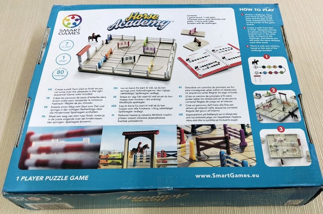 Smart Games Horse Academy Puzzle Game (Category: Board Games & Puzzles) located in Taguig. Submitted by Bloomscorner1 (Listing ID 1459539619, Image 2). Description: - a Smart Games Horse Academy puzzle game - Create a path and jump to the finish - With 80 exciting challenges - Suitable for ages 7 to adult - Develops logic and problem-solving skills - All pieces and board included .