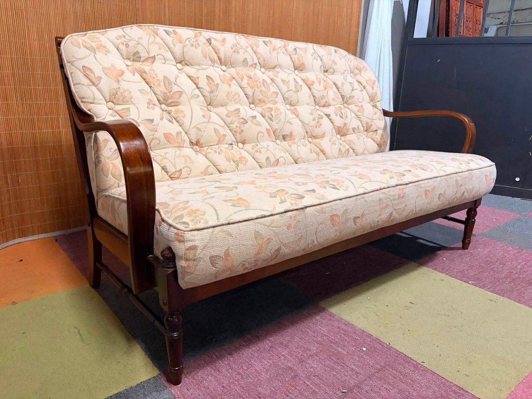 Sofa (Category: Sofas) located in Meycauayan. Submitted by marygracecasimiro (Listing ID 1459524462, Image 3). Description: 😍SWEDISH DESIGN ANGGANDA!!! Vintage KARIMOKU Colonial Series Sofa 3-Seater Diamond Pattern Tufted Sofa SOLID WOOD FRAME!!! CURVED ARMREST!!! Cream Colored Upholstery with Soft Floral Fabric Price : 15k ✅ Now:12,000💜💜 *SEE VIDEO COMMENT 55L x 29W x 16H seat height inches Sandalan height 31 inches In VERY good condition♥️.