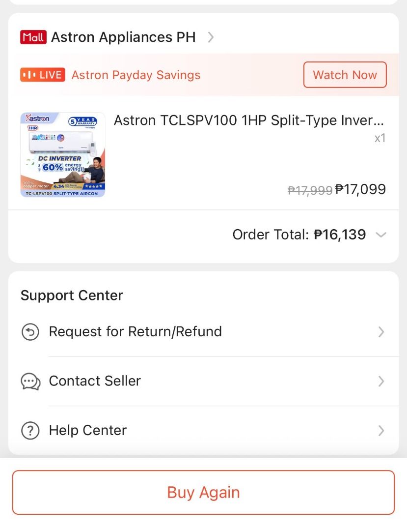 Split Type Inverter Aircon 1HP (Category: Air Conditioning and Heating) located in Manila. Submitted by kxrlamae (Listing ID 1459595449, Image 2). Description: Astron 1HP Split Type Inverter Aircon Dismantled already, all set for pickup and installation Price is negotiable Bought in 2024 for 16k+ (see attached screenshot) Perfect for studio type units/small rooms Pickup in Crame QC / Near cubao.