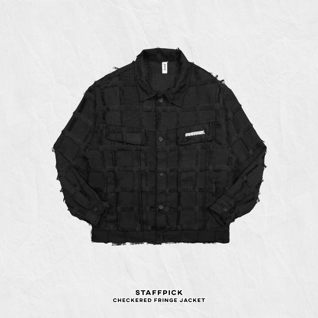 STAFFPICK CHECKERED FRINGE JACKET (Category: Coats, Jackets and Outerwear) located in Baguio. Submitted by curatedandselected (Listing ID 1459529267, Image 1). Description: Size: medium to large Dimes: 23W x 27L Condition: 9.5/10 Fabric: cotton.