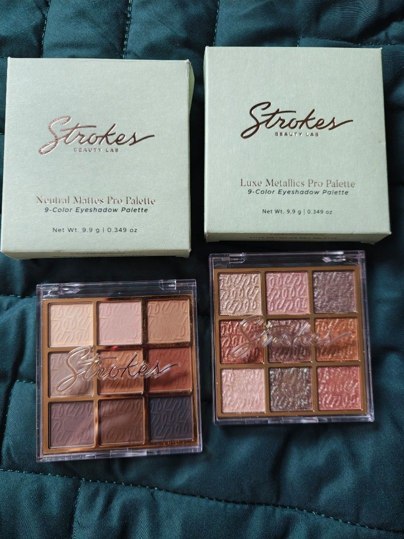 Strokes Eyeshadow (Category: Makeup) located in Pasay City. Submitted by autumn35 (Listing ID 1459617408, Image 1). Description: - Brand: Strokes Beauty Lab - Product Type: Eyeshadow Palette - Available Palettes: Luxe Metallics Pro Palette & Neutral Mattes Pro Palette - Each palette contains 9 colors - Perfect for creating diverse makeup looks - High-quality formula with blendable shades. - 550php each, 999php for both eyeshadow. - I Swatch it on