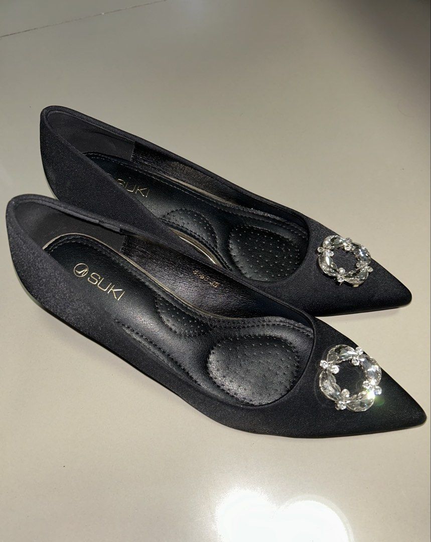 SUKI Black Embellished Pointed Toe Heels (Category: Heels) located in San Fernando. Submitted by eellies (Listing ID 1459545104, Image 2). Description: - Brand: SUKI - closed black pointed toe heels - size 38 (my size is 24.5cm for ref and a bit tight for me) - very comfortable to wear (soft cushion) - worn once (for 2 hours only), like brand new - bought it for 1499 at SM Store - comes with the original box and shoe dust bag .