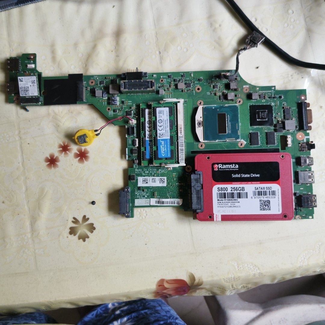 T440P Motherboard with dGPU (Category: Computer Parts) located in Balagtas. Submitted by rhovic.666 (Listing ID 1459548168, Image 1). Description: - Intel CPU Motherboard - 2x 8GB Crucial RAM (16GB Total) - 256GB Ramsta SSD - Nvidia GPU - All components were functional when removed - Perfect for laptop upgrades or repairs - Sold as a complete bundle.