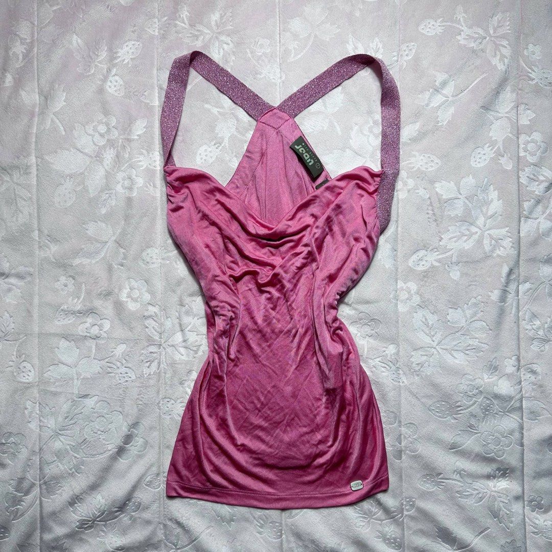 TED BAKER Pink Glitter y2k Strap Top (Category: Sleeveless) located in San Fernando. Submitted by rianne_von (Listing ID 1459605809, Image 1). Description: W: 12 in L: 17 in info: ✧ vibrant pink fitted top w/ soft ruched detailing throughout ✧ sparkly metallic straps w/ statement cross-back design + Ted Baker hardware detail ✧ excellent thrifted condition; no holes, stains, or major flaws observed ✧ color may vary slightly due to lighting.