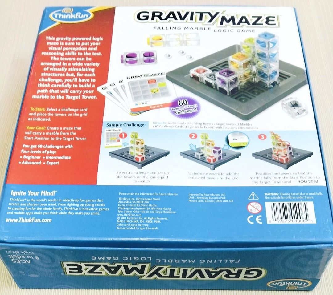 ThinkFun Gravity Maze Falling Marble Logic Game (Category: Board Games & Puzzles) located in Taguig. Submitted by Bloomscorner1 (Listing ID 1459531390, Image 2). Description: - a Think Fun Gravity Maze Logic game to get the marble to the target. - Ignite your mind and tests your reasoning skills. - Build a path through the towers to get the marble to the target - 60 challenges from beginner to expert. - Suitable for ages 8 to adult. - Single play