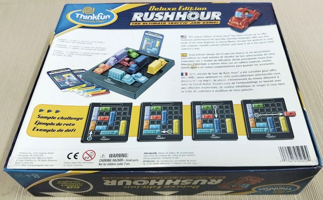 ThinkFun Rush Hour Deluxe Edition Traffic Jam Logic Game (Category: Board Games & Puzzles) located in Taguig. Submitted by Bloomscorner1 (Listing ID 1459538404, Image 2). Description: - Rush Hour Deluxe Edition: The ultimate traffic jam game. - Features 60 select challenges. - A fun logic puzzle suitable for all ages. - Excellent for developing problem-solving skills. - All game pieces and the board are included. - Challenge cards are also part o