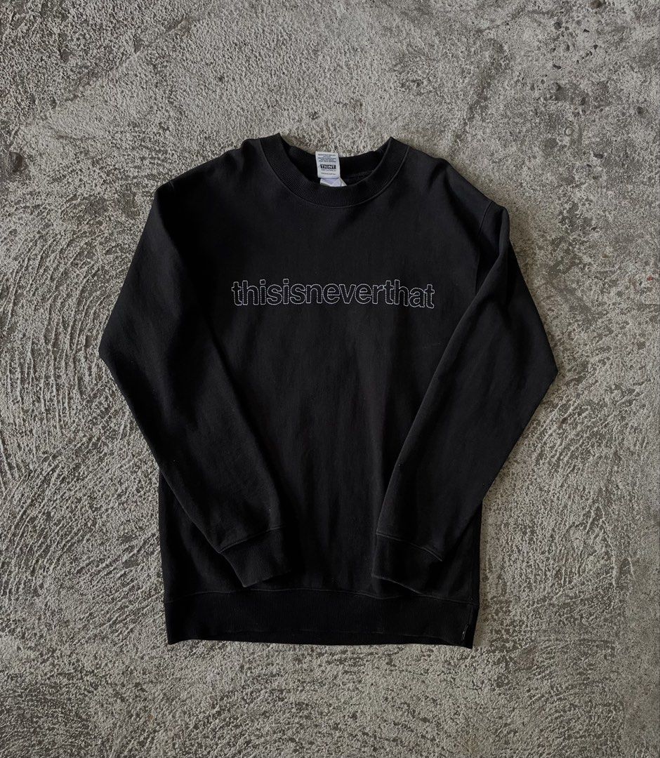 thisisneverthat Black Embroidered Logo Sweatshirt (Category: Coats, Jackets and Outerwear) located in Manila. Submitted by puredeer_1bd194 (Listing ID 1459524978, Image 1). Description: - Brand: thisisneverthat - Color: Black - Style: Crewneck sweatshirt - Features: White embroidered brand name on chest, long sleeves, ribbed cuffs and hem - Occasion: Casual wear - Pair with: Jeans or joggers.