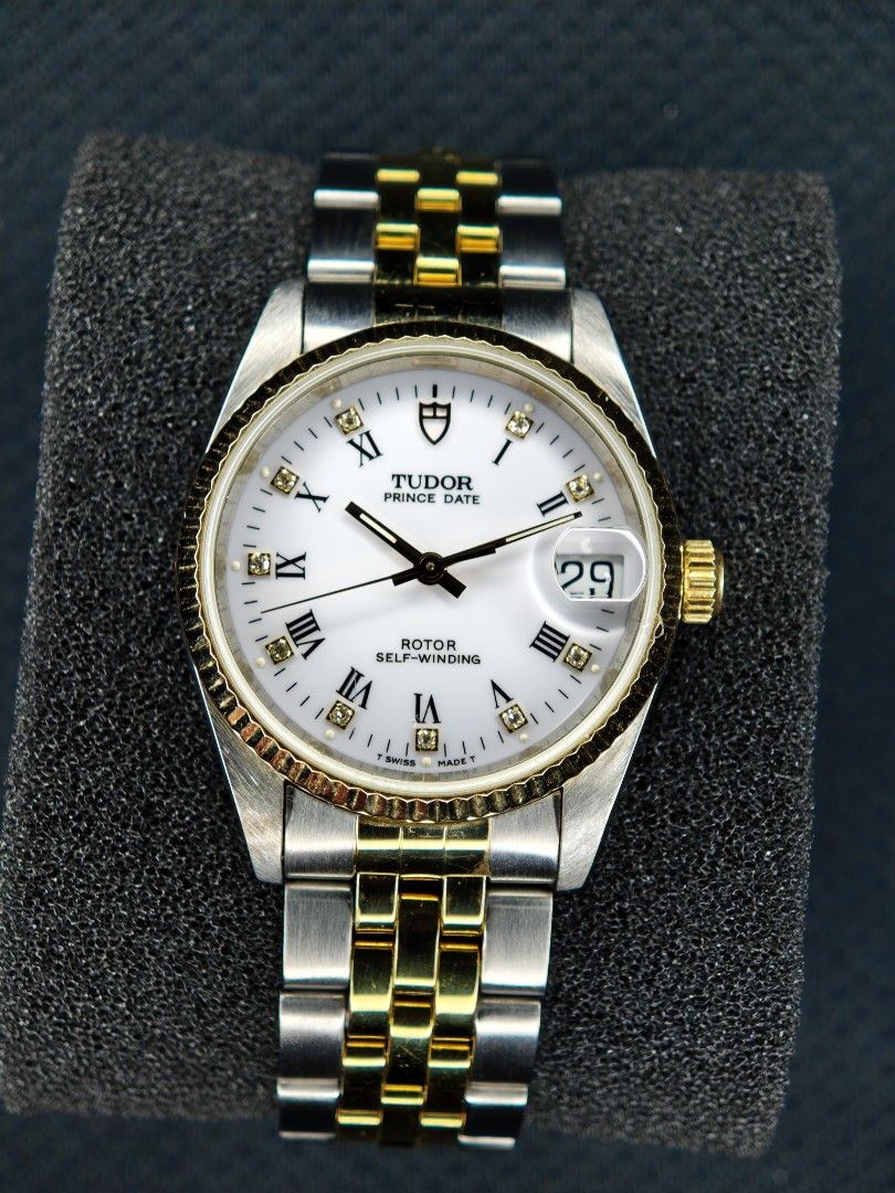 Tudor Prince Date w/ Diamonds Ref. 72033 (Category: Luxury Watches) located in Malabon City. Submitted by taoketimepieces (Listing ID 1459617317, Image 1). Description: TRADE / SWAP AVAILABLE A classic two-tone dress watch that showcases Tudor's 👑 heritage with timeless elegance. Tudor Prince Date Ref. 72033 Watch & Authentication receipt from R&R Presentation Box Recently Serviced 9/10 Condition • 32mm stainless steel case • Solid 18K yellow go