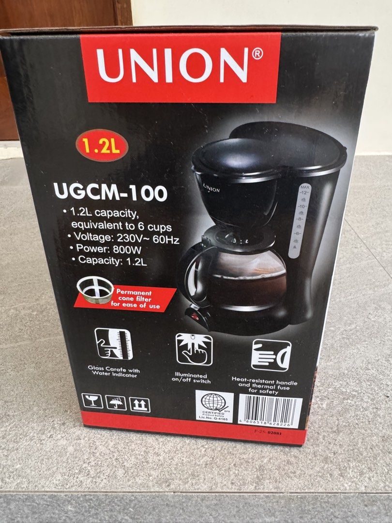 UNION Coffee Maker UGCM-100 (Category: Coffee Machines & Makers) located in Las Pinas. Submitted by vanethneth (Listing ID 1459578515, Image 2). Description: - Union Coffee Maker UGCM-100 - 1.2L capacity (up to 6 cups) - 800W power - Permanent cone filter included - Glass carafe with water indicator - Illuminated on/off switch - Heat-resistant handle - Easy to use and clean.