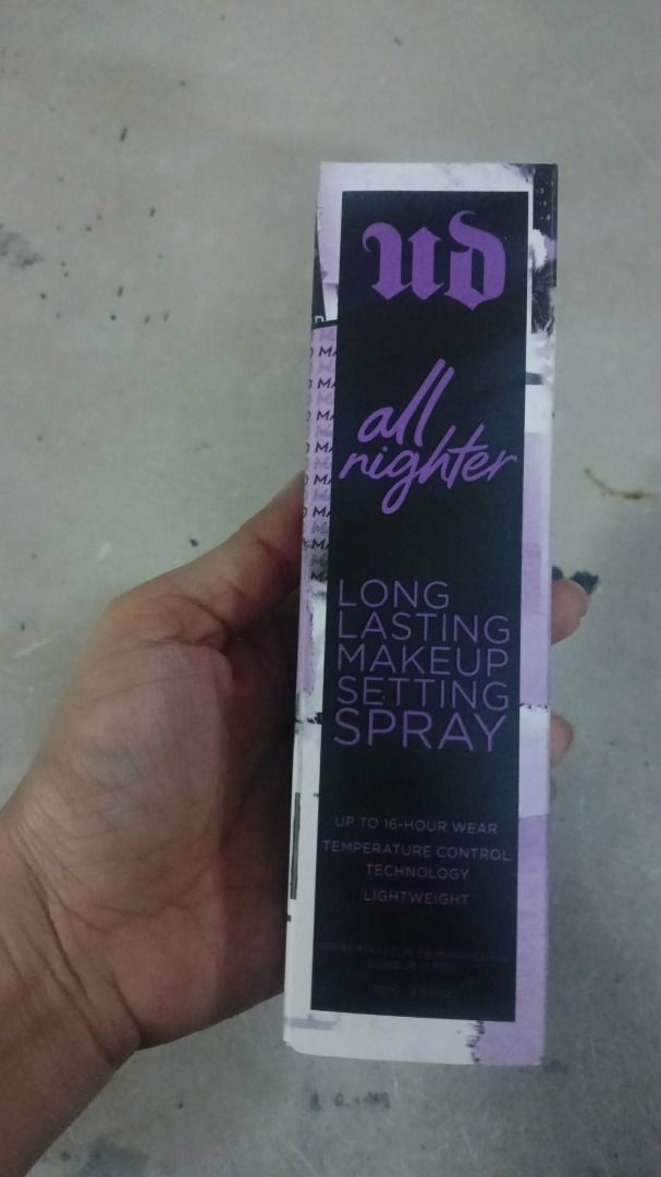 Urban Decay All Nighter Long Lasting Makeup Setting Spray (Category: Makeup) located in Caloocan City. Submitted by goldendeer.a81a9f (Listing ID 1459495735, Image 1). Description: - Urban Decay All Nighter Setting Spray - Keeps makeup locked in for up to 16 hours - Features temperature control technology - Lightweight formula - Ensures makeup stays put all day and night.