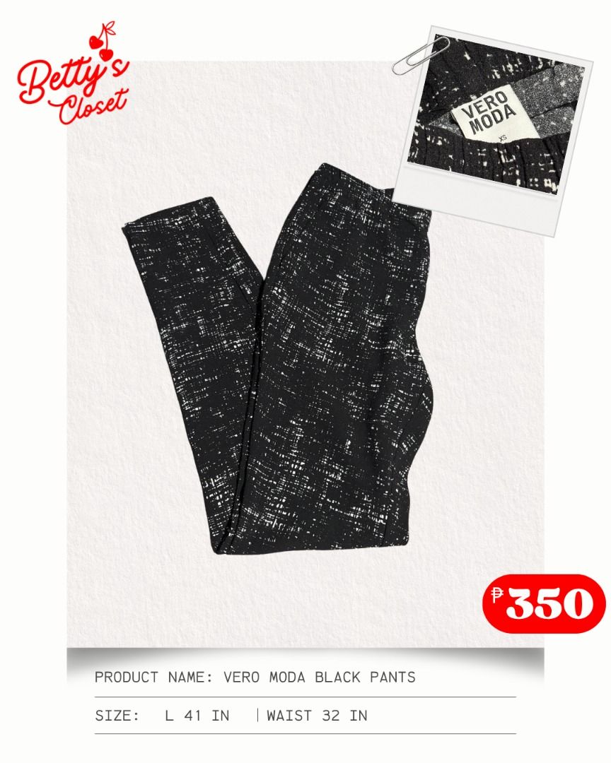 Vero Moda Black Pants (Category: Other Bottoms) located in Manila. Submitted by bettys.closet (Listing ID 1459572765, Image 1). Description: BETTY’S CLOSET 🧺💕 Waist 32 IN L 41 IN NO ISSUE 📍 Location: Quezon City 💸 MOP: GCash / MariBank 🚚 Courier: Lalamove / J&T Please check the size and measurements posted in each item before claiming. Colors may slightly vary depending on the lighting and your screen..