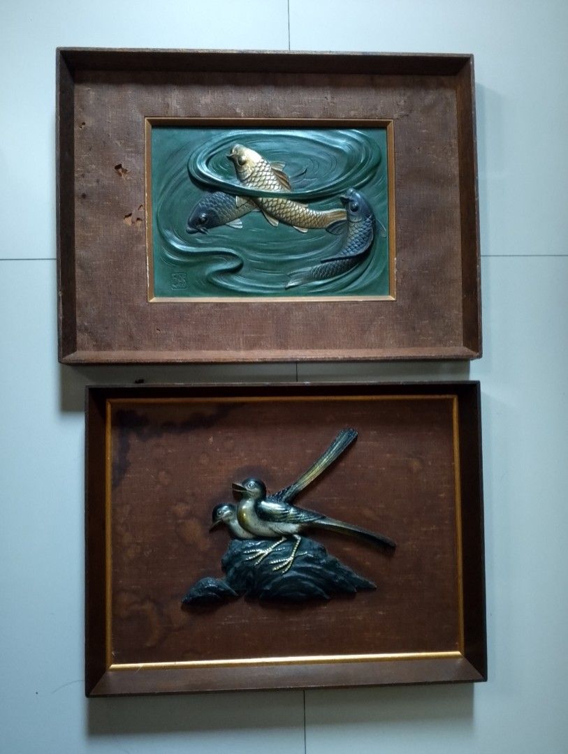 Vintage Three Koi Fish & Two Birds Takaoka Framed Copperware Panel Engraving (Category: Wall Decor) located in Binangonan. Submitted by stufflikedat (Listing ID 1448995508, Image 1). Description: Vintage Takaoka Copperware engraved panel of 3 Koi fish or Japanese carp and 2 flycatcher birds perched on a stone in wooden frame, crafted using the advanced metal engraving techniques of Takaoka copperware, a traditional Japanese craft. The copper plat