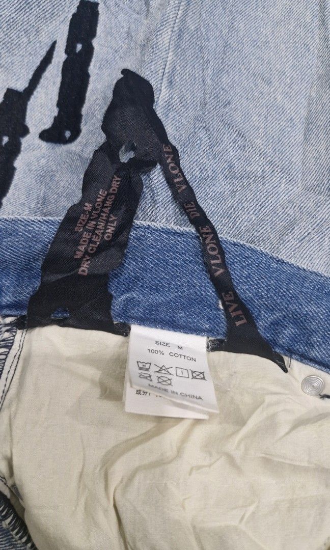Vlone jeans (Category: Jeans) located in Pili. Submitted by the_g_thrift (Listing ID 1459623922, Image 3). Description: size medium on tag size 34 tape measure length: 43-44 hem: 7.5 excellent condition.