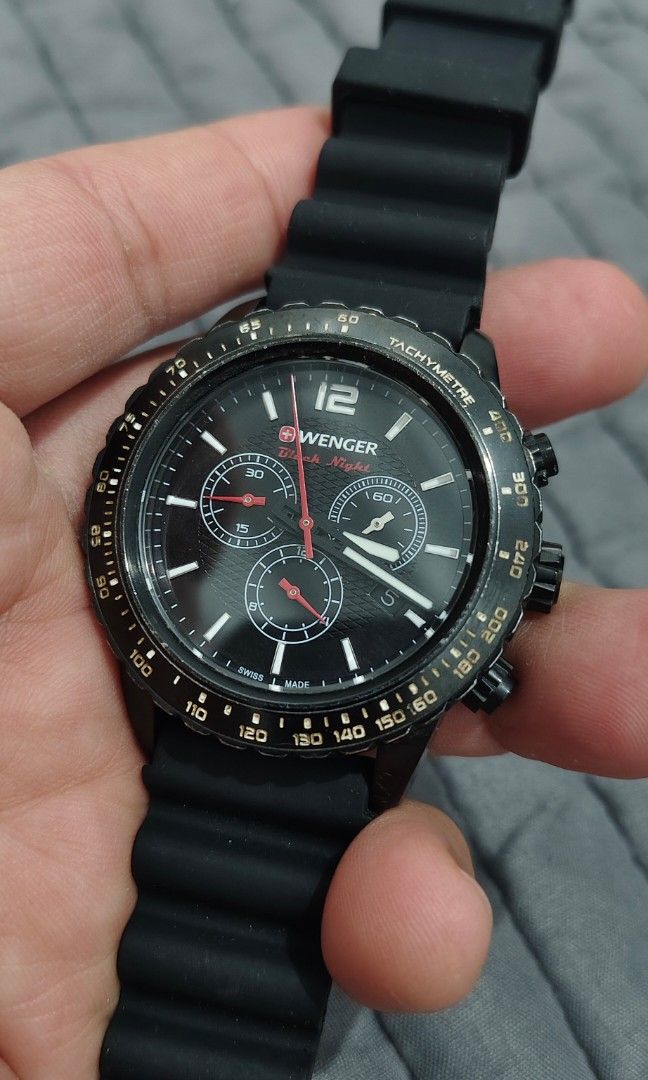 Wenger Roadster Black Night (Category: Men's Watches) located in Cebu City. Submitted by aceoftime (Listing ID 1459674513, Image 1). Description: In good working condition Swiss Made Ref: 085311/ Roadster Sapphire coated crystal Swiss chronograph movt with date display 100m water resist All in stainless steel Fitted with silicone band Watch only Our Guarantee: 💯 Authentic All watches are checked by our experienced technician to ensure good funct