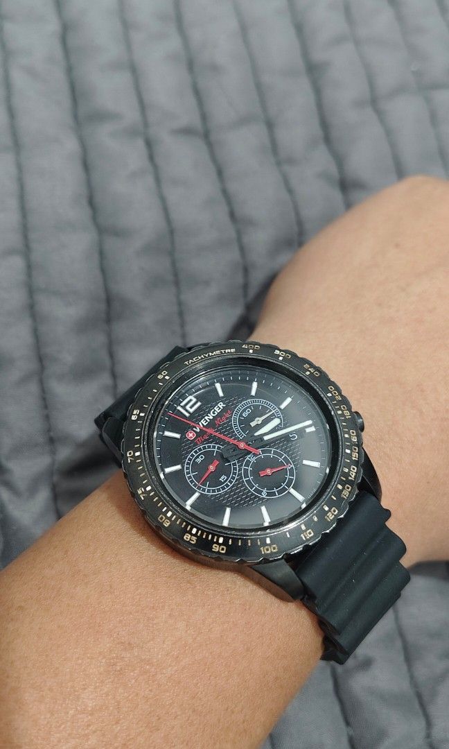 Wenger Roadster Black Night (Category: Men's Watches) located in Cebu City. Submitted by aceoftime (Listing ID 1459674513, Image 3). Description: In good working condition Swiss Made Ref: 085311/ Roadster Sapphire coated crystal Swiss chronograph movt with date display 100m water resist All in stainless steel Fitted with silicone band Watch only Our Guarantee: 💯 Authentic All watches are checked by our experienced technician to ensure good funct