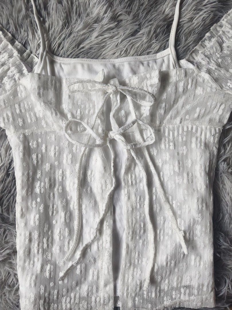White Lace Cold Shoulder Tie Back Crop Top (Category: Blouses) located in General Trias. Submitted by shanicemau09687 (Listing ID 1459549955, Image 2). Description: Xs-S (bust: 31-34in, length: 20in) No brand (like-new condition).