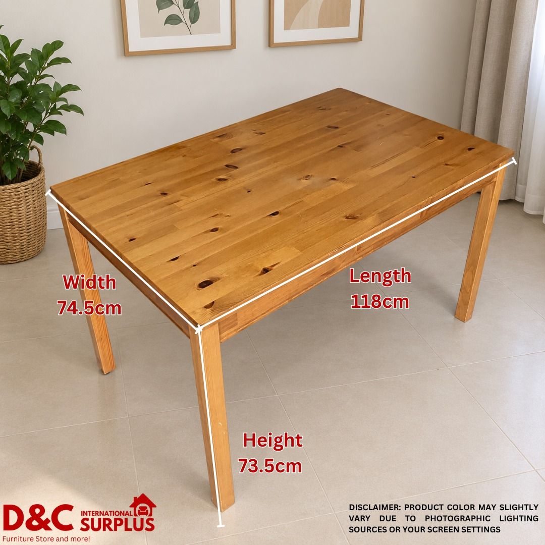 WOODEN DINING SET - JAPAN SURPLUS (Category: Tables & Sets) located in Caloocan City. Submitted by dcintsurplus (Listing ID 1459575443, Image 3). Description: WOODEN DINING SET P11,900 📏 TABLE SIZE • Height: 73.5cm • Length: 118cm • Width: 74.5cm 🪑 CHAIR SIZE • Seat Height: 45cm • Overall Height: 89cm • Length: 42cm • Width: 41.5cm ✨ SET INCLUDES: ✔️ 1 Dining Table ✔️ 4 Matching Dining Chairs 📋 PRODUCT DETAILS: • Sturdy wooden construction • B