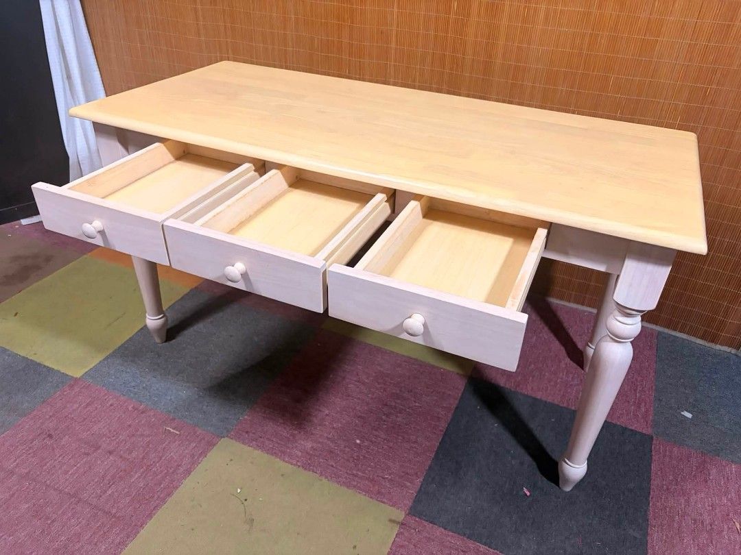 Writing desk/console table (Category: Tables & Sets) located in Meycauayan. Submitted by marygracecasimiro (Listing ID 1459577554, Image 2). Description: 😍ANGGANDA!!! MABIGAT!!! Country-Style Writing Desk / Console Table SOLID WOOD!!! With 3 Accent Drawers Light Natural Wood Top, Whitewashed Base Price : 10,500 ✅ 53L x 24W x 29H inches In VERY good condition ♥️.