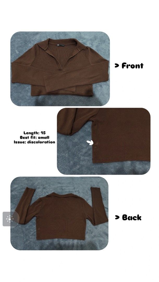 Zara Brown Ribbed Collared Cropped Long Sleeve Top (Category: Longsleeves) located in San Juan City. Submitted by rhennx (Listing ID 1459656532, Image 3). Description: 📏 FIT: S–M 🎨 COLOR: Chocolate Brown • The color in this photo may appear different due to lighting. 📐 LENGTH: 15 ⚠️ ISSUE: Discoloration 📌 RFS: DECLUTTERING ‼️ Please note that the actual color may slightly vary due to lighting and screen settings. 🚚 MOD: • Lalamove (Shipping 