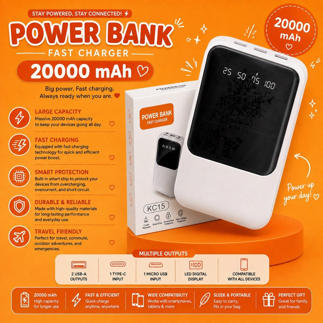 20000 mAh Powerbank (Category: Batteries & Power Banks) located in Navotas City. Submitted by ohyeinz (Listing ID 1459856514, Image 1). Description: * 20,000mAh High Capacity – Provides long-lasting power for multiple device charges. * Fast & Reliable Charging – Keeps smartphones, tablets, and other USB devices powered anytime. * Portable Design – Easy to carry for travel, school, work, and daily use. * Multiple Device Support – Compatible with v