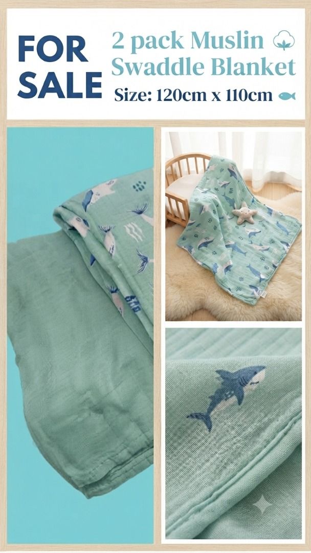 2 Pack Muslin Swaddle Blankets - Shark Print (Category: Babies & Kids Fashion) located in Caloocan City. Submitted by maricelmac50585 (Listing ID 1459732226, Image 1). Description: - 2-pack muslin swaddle blankets - Adorable shark print - Generous size: 120cm x 110cm - Made from soft and breathable material - Keeps your little one cozy and comfortable.