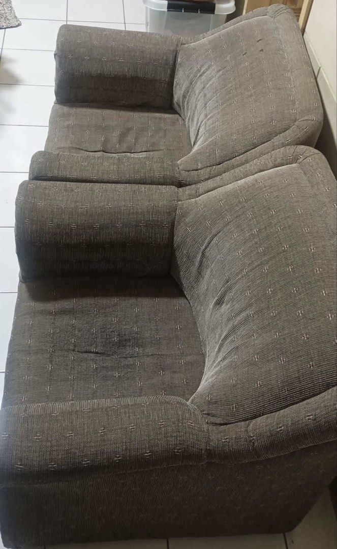2-Seater Sofa and Armchair Set (Category: Sofas) located in Davao. Submitted by brightdragon-517292 (Listing ID 1459822966, Image 2). Description: - Comfortable 2-seater sofa and matching armchair set. - Upholstered in durable, patterned fabric. - Some stains present on the seats and one armchair. - Perfect for a living room or study space..