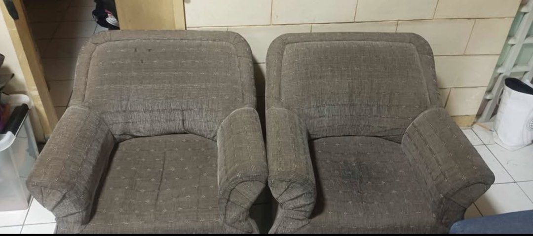 2-Seater Sofa and Armchair Set (Category: Sofas) located in Davao. Submitted by brightdragon-517292 (Listing ID 1459822966, Image 1). Description: - Comfortable 2-seater sofa and matching armchair set. - Upholstered in durable, patterned fabric. - Some stains present on the seats and one armchair. - Perfect for a living room or study space..