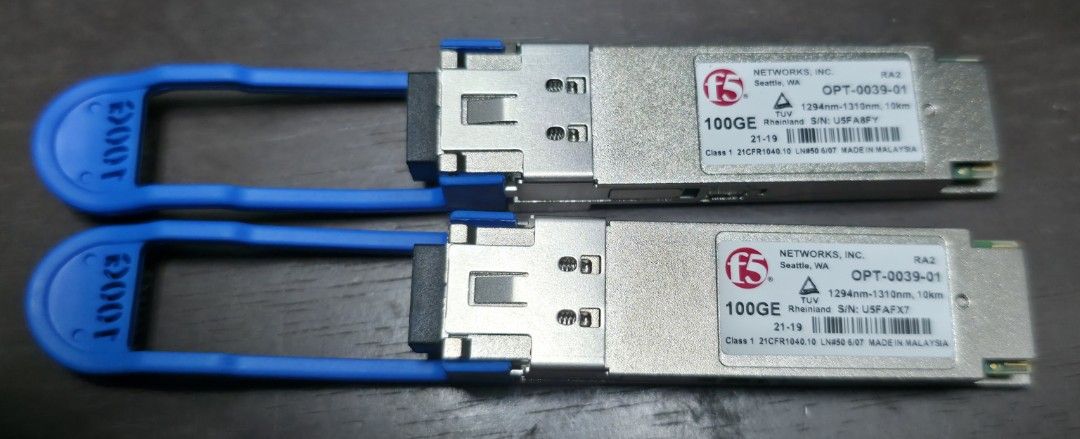 2x F5 Networks OPT-0039-01 100GE Transceiver Modules (Category: Other Accessories) located in Pasig City. Submitted by homelabph (Listing ID 1459786363, Image 1). Description: F5 Networks OPT-0039-01 QSFP Transceiver Modules - Wavelength: 1294nm-1310nm - Range: 10km - Speed: 100 Gigabit - Origin: Made in Malaysia - Serial Numbers: USFABFY, USFAFX7 - Condition: bnew old stock - Important: Please verify compatibility with your system before purchas