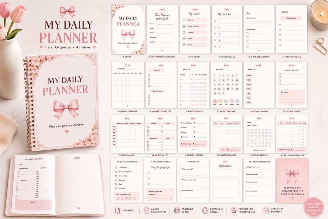 30 PAGES DAILY PLANNER [DIGITAL PRODUCT ONLY] (Category: Other Stationery & Craft) located in Pasig City. Submitted by eulybabes (Listing ID 1459782877, Image 1). Description: Here’s a Carousell-ready description for your digital planner: 🎀 30-PAGE DAILY PLANNER | A5 DIGITAL & PRINTABLE PLANNER 🎀 Stay organized, productive, and motivated with this beautiful A5 Daily Planner! Perfect for personal use, students, work, business, budgeting, and goa
