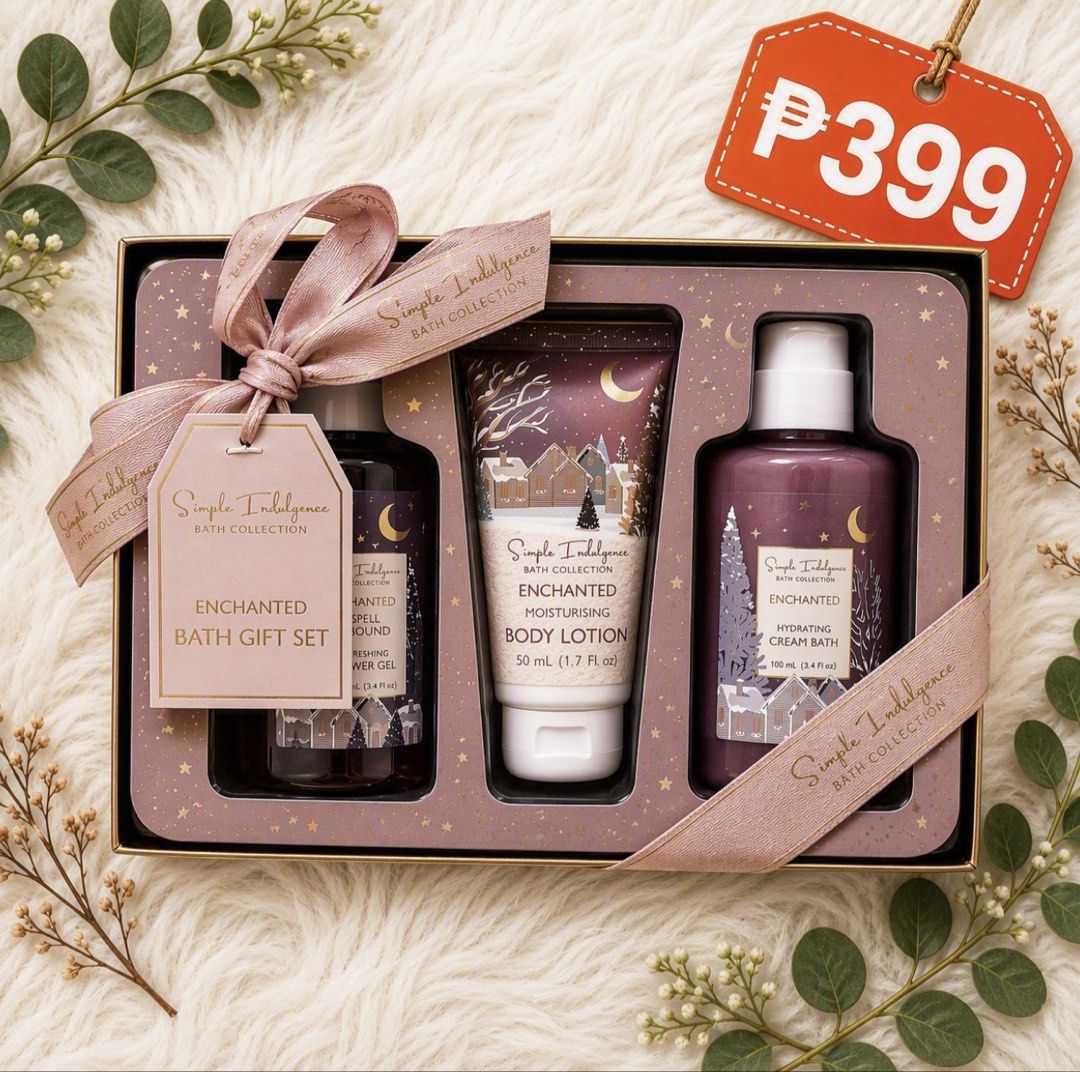 ₱399 BATH & BODY GIFT BASKET (Category: Bath) located in Pasay City. Submitted by leximrie (Listing ID 1459704871, Image 2). Description: - Simple Indulgence Bath Collection Spell Bound Gift Set - Includes: Refreshing Shower Gel (100ml), Moisturising Body Lotion (50ml), Hydrating Cream Bath (100ml) - Comes in a lovely gift box - Ideal for gifting or personal use.