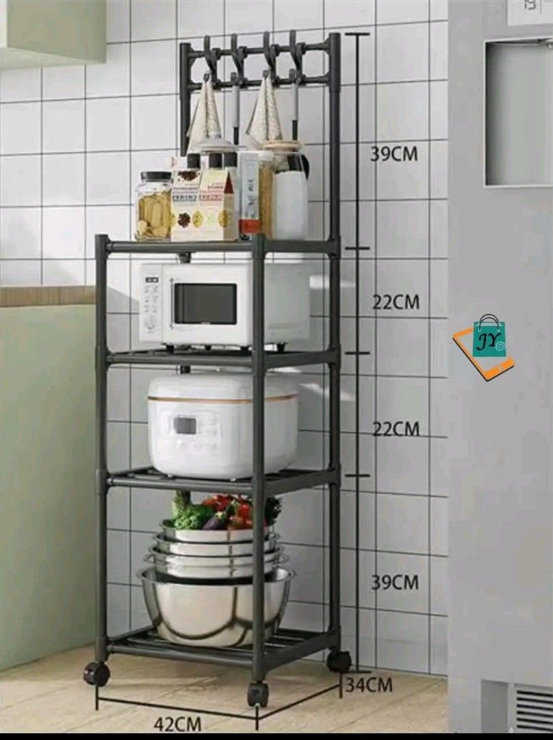 4-Tier Kitchen Storage Rack with Hooks and Wheels (Category: Shelves, Cabinets & Racks) located in Manila. Submitted by marvieobordo (Listing ID 1459727615, Image 1). Description: - 4-tier kitchen storage rack - Includes hooks for utensils/towels - Mobile with wheels for easy movement - Adjustable shelf spacing for customizable height - Dimensions: 42cm (W) x 34cm (D) - Ideal for organizing kitchen appliances and essentials.