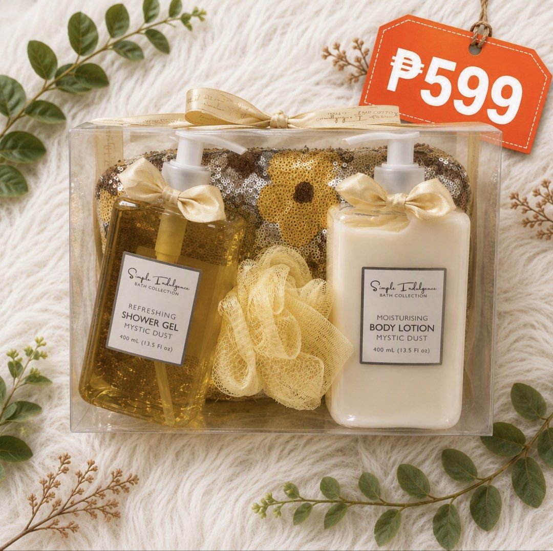 ₱599 Bath Collection Gift Set (Category: Bath) located in Pasay City. Submitted by leximrie (Listing ID 1459705070, Image 2). Description: - Simple Indulgence Bath Collection Gift Set - Includes: 400ml Shower Gel & 400ml Moisturising Body Lotion - Comes with a Loofah and a Sparkly Pouch - Perfect for Gifting or Personal Treat - Available Scents: Spell Bound (Pink) & Mystic Dust (Yellow).