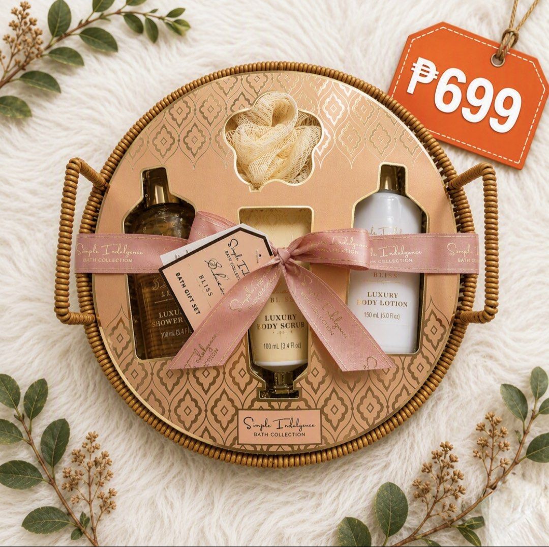 ₱699 Bath Collection Gift Set (Category: Bath) located in Pasay City. Submitted by leximrie (Listing ID 1459705190, Image 3). Description: - Simple Indulgence Bath Collection Gift Set - Includes: Body Mist, Body Lotion, Bath Puff - Comes in a decorative basket - Ideal for gifting or personal indulgence - Price: P699.