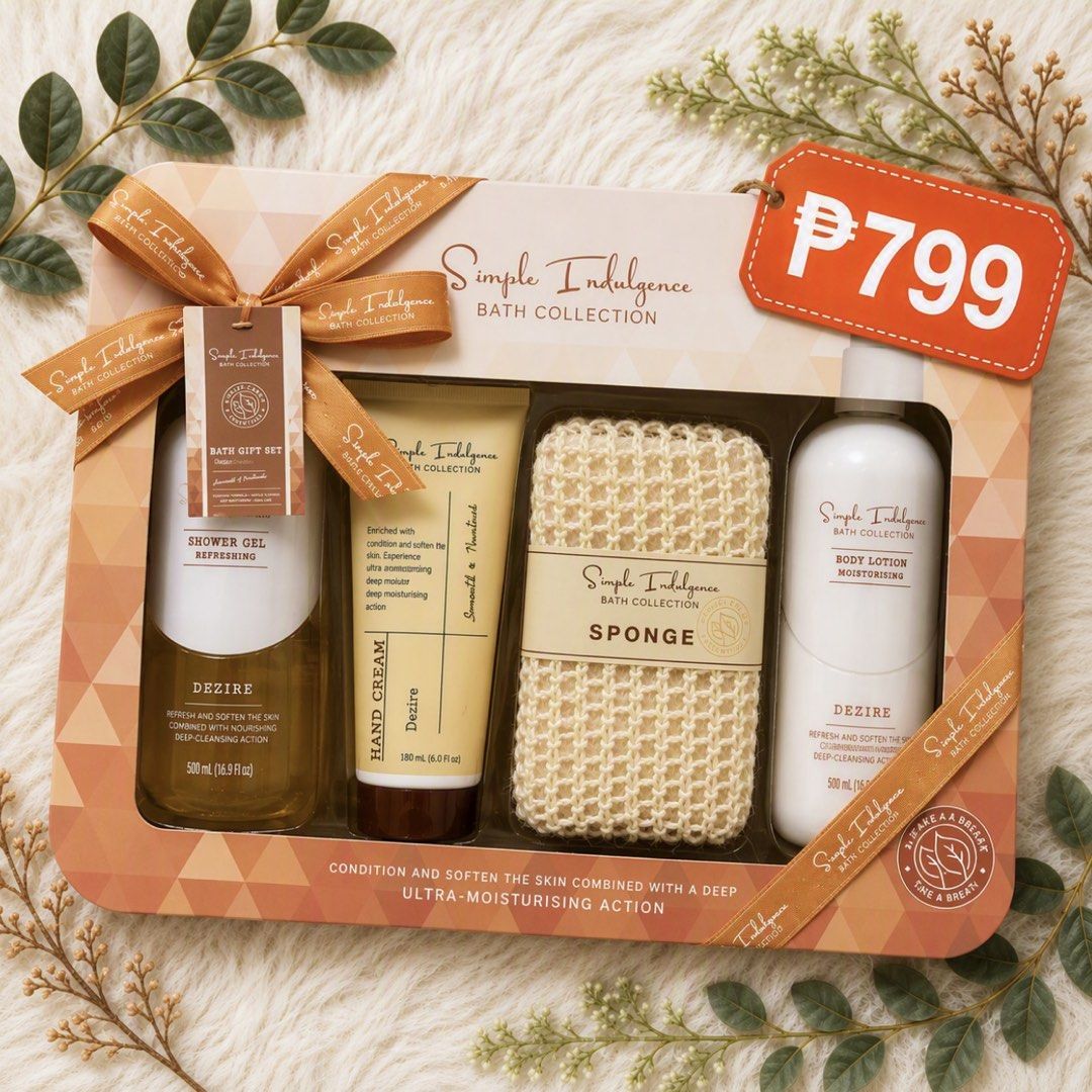 ₱799 Bath Collection Gift Set/Gift Basket (Category: Bath) located in Pasay City. Submitted by leximrie (Listing ID 1459705269, Image 1). Description: - Simple Indulgence Bath Collection Gift Set - Includes: Shower Gel, Hand Cream, Body Lotion, Sponge - Formulated with finest quality ingredients - Provides ultra-moisturising action - Refreshes and softens skin - Ideal for gifting or personal use.