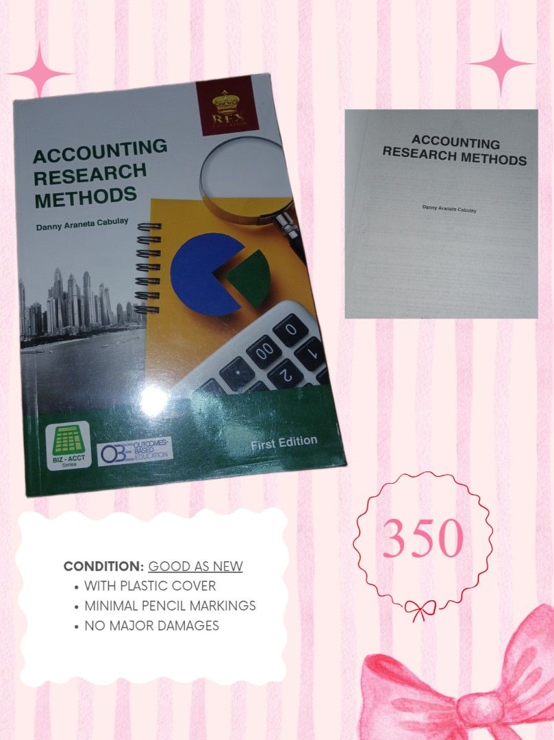 Accounting Research Methods by Danny Araneta Cabulay, First Edition (Category: Textbooks) located in Bulacan. Submitted by _allyn (Listing ID 1459739221, Image 1). Description: - Accounting Research Methods textbook - Author: Danny Araneta Cabulay - Edition: First Edition - Condition: Good, with plastic cover - Markings: Minimal pencil markings - Damages: No major damages noted - Ideal for: Accounting students.