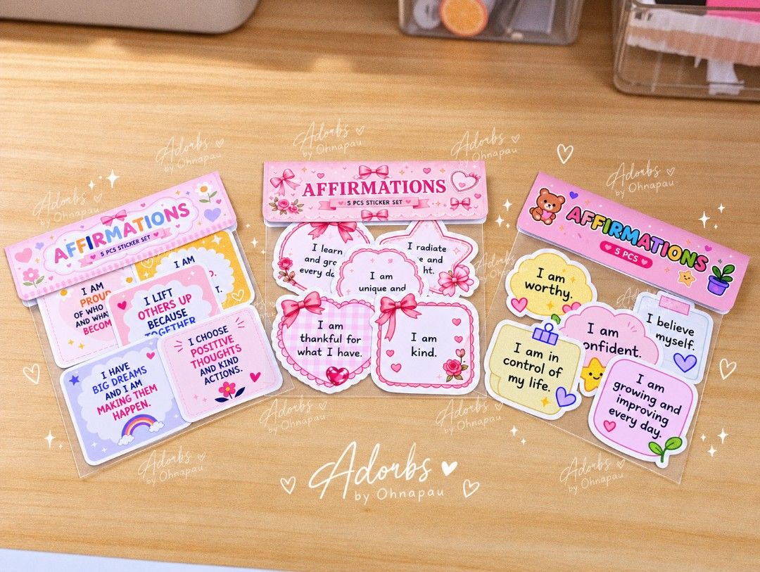 Affirmations Sticker Set (5 pcs per set) - Customizable (Category: Art & Prints) located in Mandaluyong City. Submitted by ohnapau (Listing ID 1459828063, Image 1). Description: 🌷 AFFIRMATIONS STICKER SET — 5 PCS 🌷 Cute little reminders for your everyday life. 💗✨ Each set comes with 5 affirmation stickers featuring positive messages like: 💕 I am enough. 💕 I trust myself. 💕 I can do difficult things. 💕 I choose positive thoughts. 💕 I am cr