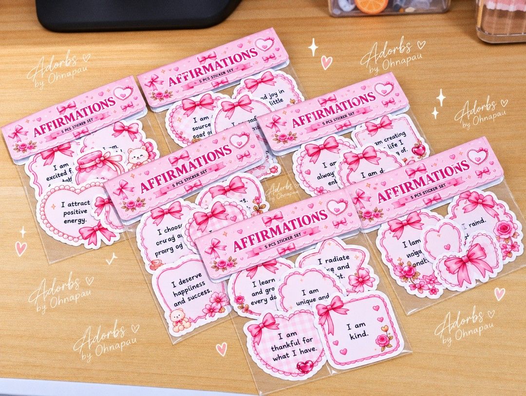 Affirmations Sticker Set (5 pcs per set) - Customizable (Category: Art & Prints) located in Mandaluyong City. Submitted by ohnapau (Listing ID 1459828063, Image 3). Description: 🌷 AFFIRMATIONS STICKER SET — 5 PCS 🌷 Cute little reminders for your everyday life. 💗✨ Each set comes with 5 affirmation stickers featuring positive messages like: 💕 I am enough. 💕 I trust myself. 💕 I can do difficult things. 💕 I choose positive thoughts. 💕 I am cr