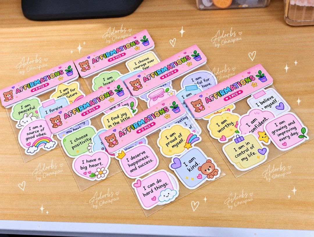 Affirmations Sticker Set (5 pcs per set) - Customizable (Category: Art & Prints) located in Mandaluyong City. Submitted by ohnapau (Listing ID 1459828063, Image 2). Description: 🌷 AFFIRMATIONS STICKER SET — 5 PCS 🌷 Cute little reminders for your everyday life. 💗✨ Each set comes with 5 affirmation stickers featuring positive messages like: 💕 I am enough. 💕 I trust myself. 💕 I can do difficult things. 💕 I choose positive thoughts. 💕 I am cr