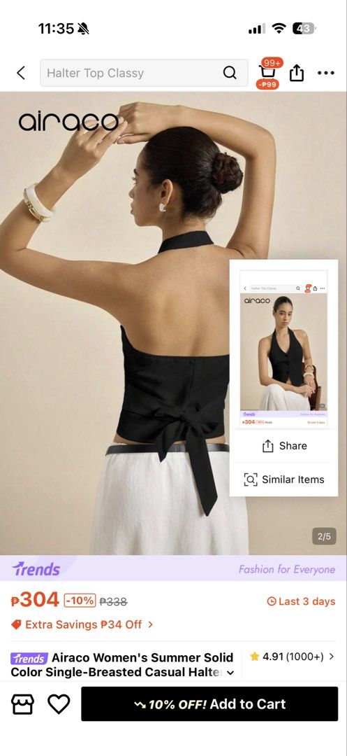 Airaco Black Halter Neck Button-Up Vest Top (Category: Sleeveless) located in Caloocan City. Submitted by zandrarubio (Listing ID 1459727647, Image 3). Description: - Brand: Airaco - Style: Halter neck vest top - Color: Black - Features: Button-up front, V-neckline - Styling: Pairs well with high-waisted jeans or skirts - Occasion: Perfect for night outs or stylish daytime looks - Comfort: Comfortable and chic.