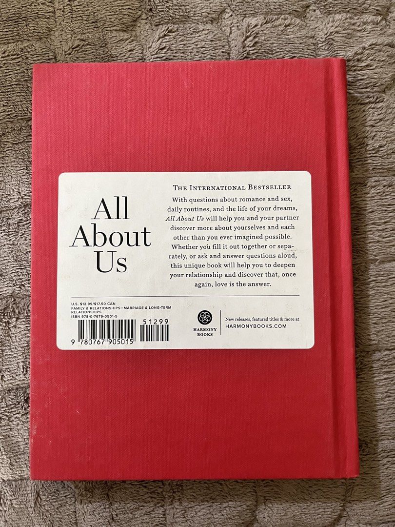 All About Us: A Question Book for Couples by Philipp Keel (Category: Storybooks) located in Muntinlupa City. Submitted by maryknollsab (Listing ID 1459718953, Image 2). Description: Selling a pre-loved copy of All About Us by Philipp Keel. The book has been gently handled and used but is still in very good condition. The pages inside are 100% blank and unwritten. Hardcover / English / Minor shelf wear Location: Biñan Laguna.