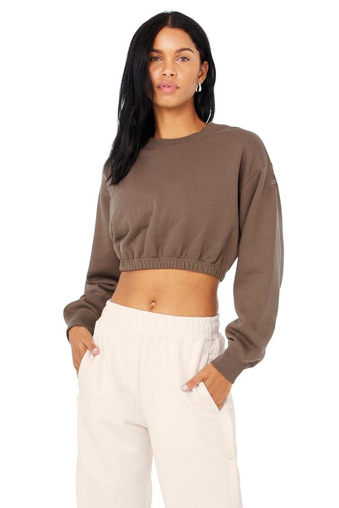 alo brown devotion crew neck cropped jacket (Category: Coats, Jackets and Outerwear) located in Mandaluyong City. Submitted by everythin.must.go (Listing ID 1459760379, Image 2). Description: size small. original, has the old alo sizing tag.