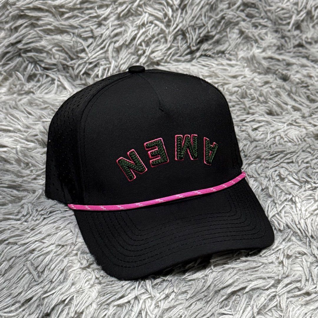 AMEN Pins & Aces - Golf Hats/Caps (Category: Hats & Beanies) located in Santa Rosa. Submitted by paulolazo (Listing ID 1459792768, Image 1). Description: PINS & ACES “AMEN” ROPE HAT ⚡ All-black perforated cap na may pink upside-down “AMEN” embroidery at rope accent. Solid na US brand, sobrang presko at lakas makaporma😮‍💨 💰 SRP: ₱3,450 ($59.63) 🔥 STEAL PRICE: ₱750 ONLY‼️ 🚨 1 OF 1 STOCK: Minsan lang magka-stock ng ganitong brand, isa lang ‘to 